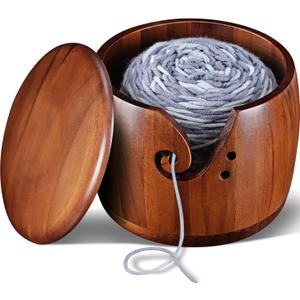 Foxyoo Yarn Bowl for Crocheting - 7x5in Large Wood Knitting Bowl with Lid, Crochet Accessories and Knitting Gadgets Supplies (Round)