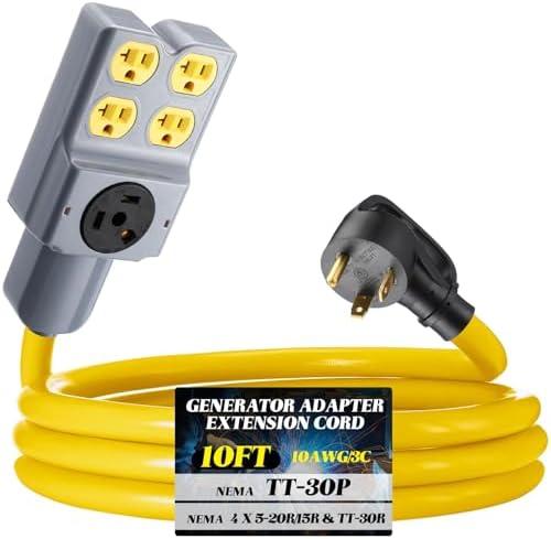 Kanayu 10 FT RV Generator Adapter Extension Cord Compatible with NEMA TT-30P to Four 5-20R/ 5-15R & TT-30R, 3 Prong RV Generator 30Amp to 15/20Amp Power Cord 125/250V 7500 Watts, ETL Listed