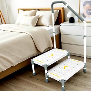 Extra Long Step Stool with Handle for Elderly(22 Inch), Heavy Duty 2 Stepping Stool with Adjustable Handrails for High Beds, Non-Skid Platform Foot Stool for Adults, Seniors, Handicapped (White)