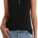 Women Henley Notch Neck Summer Tank Tops Basic Half Button Casual Sleeveless Shirts Black XX-Large