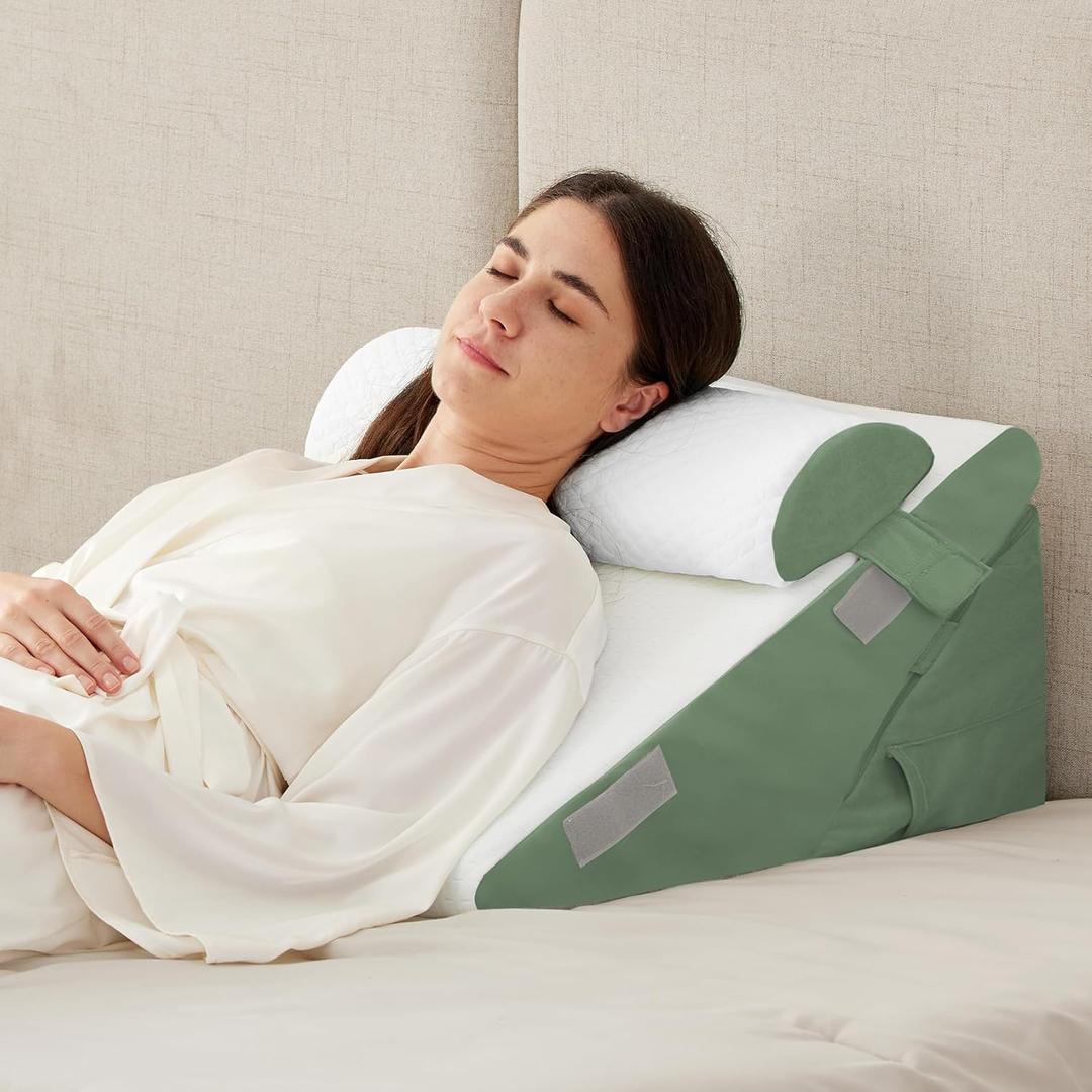 3PCS Wedge Pillow Set for After Surgery, Adjustable 9&12 Inch Bed Wedge Pillow for Sleeping, Incline Pillow Wedge for Headboard, Post Surgery, Acid Reflux, Neck&Back Support, Green