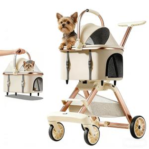 All-Terrain Pet Stroller for Small Medium Dogs & Cats, 20 lbs Capacity - Portable Carrier with One-Touch Brake, Lightweight Foldable Design & Shock Absorption Wheels,Khaki