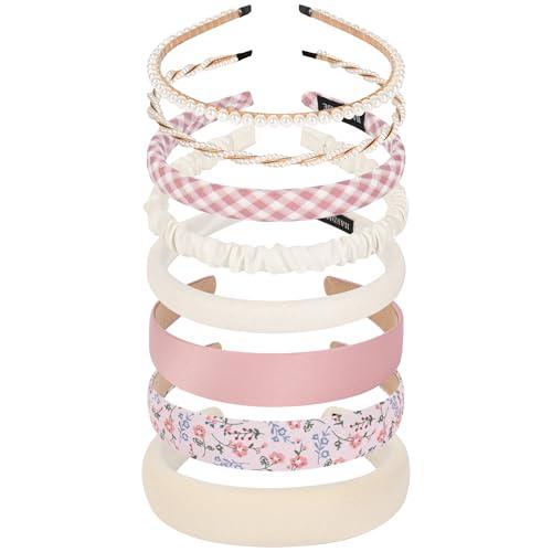 LYroo Headbands for Women Girls Non Slip - 8 Pack Wide Padded Headband Cute Floral Headbands Fashion Pearl Beaded Thin Head Bands Trendy Hair Accessories(White & Pink)