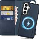 SHIELDON Real Leather Wallet Case for Galaxy S26+ 6.7", Detachable, RFID Blocking Credit Card Slot, Flip Magnetic Closure, Kickstand, Wireless Charging, Removable Shock Absorbing Cover - Navy Blue