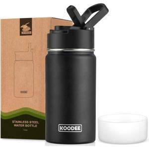 koodee Water Bottle -12 oz Stainless Steel Double Wall Vacuum Insulated Water Bottle with Straw, Sports Metal Wide Mouth Water Bottle Flask for School (Black)