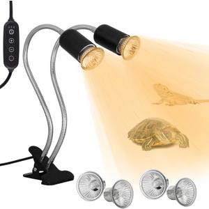 Reptile Heat Lamp, Double-Head Heat Lamp with Clamp, Cycle Timer, Dimmable UVA UVB Basking Light for Turtle Tortoise Lizard Snake Bearded Dragon, 4 Bulbs (2PCS 25W+2PCS 50W)