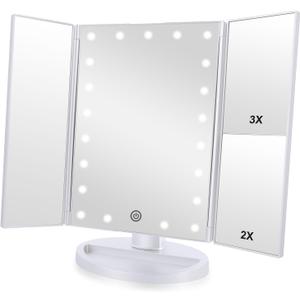 Tri-fold Lighted Vanity Makeup Mirror with 3x/2x Magnification,21 LEDs Light and Touch Screen,180 Degree Free Rotation Countertop Cosmetic Mirror, Travel (White)