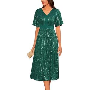 GRACE KARIN Women's Sequin V Neck Ruffle Sleeve Empire Waist Sparkly Glitter A Line Cocktail Formal Dresses, L