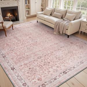 MontVoo-Vintage Area Rug 6X9 Pink Rugs for Living Room-Soft Distressed Printed Rugs for Bedroom-Non Slip Carpet-Machine Washable Rug for Dining Room Living Room Bedside Office