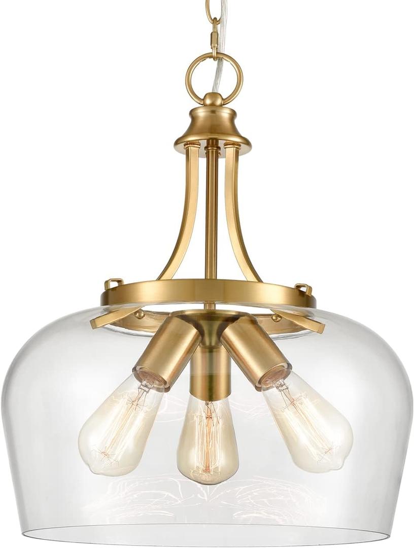 Modern Gold Pendant Light Mid Century 3-Light Clear Glass Pendant Lighting with Adjustable Chain Brass Glass Pendant Lights Kitchen Island for Dining Room Bedroom Living Room