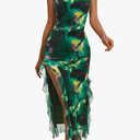 DRESSTELLS Women's Cocktail Party Formal Wedding Guest Long Maxi Mesh Ruched One Shoulder Ruffle Slit Evening Dress XL