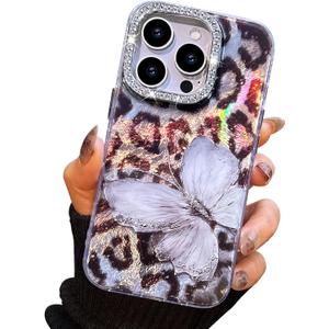Compact Case for iPhone 12 Butterfly Design,3D Diamond Camera Lens Protection Frame,Cute Soft Slim TPU Shockproof Protective Phone Cases Cover for Women Leopard Print Grey