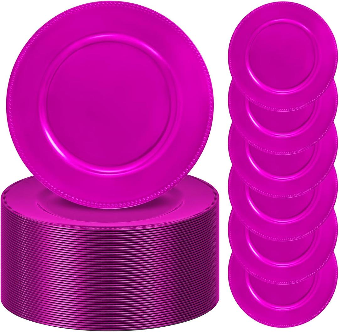 50 Pack Hot Pink Charger Plates 13" Plastic Round Charger Plates Dinner Plate With Beaded for Wedding Table Dinner Kitchen Catering Event Party Decoration