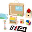 TOOKYLAND Montessori Toys for Babies 0-6 Months, 6 in 1 Learning Educational Set Newborn Toys Including Sensory Ball, Rain Stick, Baby Roller, Spinning Drum, Black and White Cards, Tissue Box.