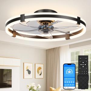 VOLISUN Ceiling Fans with Lights and Remote, 23.6in Low Profile Ceiling Fans with Light, 3000K-6500K Dimmable Fandelier Ceiling Fan, Black Flush Mount Ceiling Fan for Bedroom