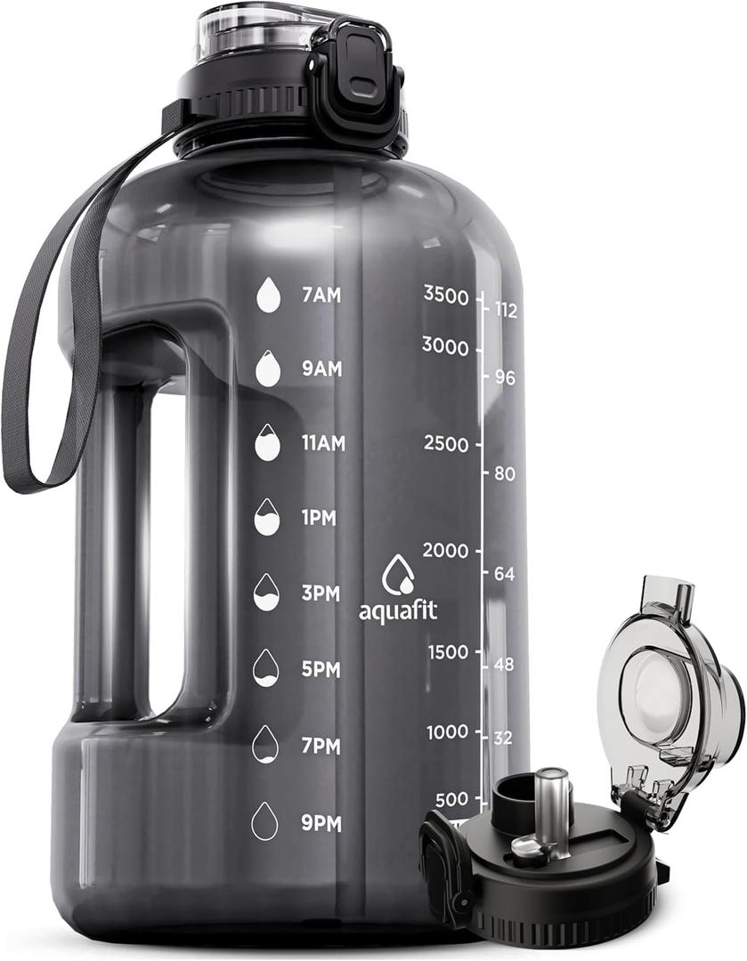 AQUAFIT 1 Gallon Water Bottle with Time Marker - Straw & Chug Lid - BPA Free Gym Water Bottle with Straw - Big Gallon Jug (Gray, 128 oz - 2in1 Lid)