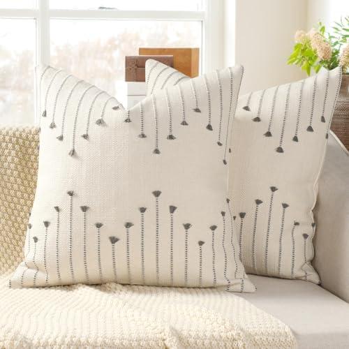 YCOLL Boho Throw Pillow Covers 18x18 Set of 2 Neutral Woven Decorative Pillowcases Cotton Tufted Couch Pillows Modern Farmhouse Accent Cushion Covers for Sofa Couch Bed Living Room Home Decor, Gray