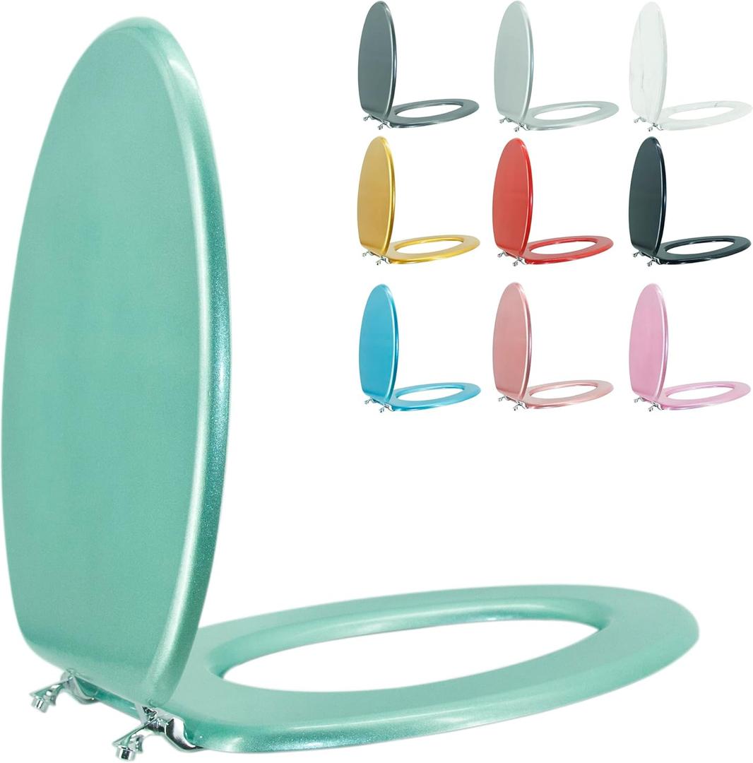 Elongated Toilet Seat Wood Toilet Seat Prevent Shifting with Zinc Alloy Hinges American Standard Size Toilet Seat Easy to Install also Easy to Clean(Elongated,Sparkling Turquoise)
