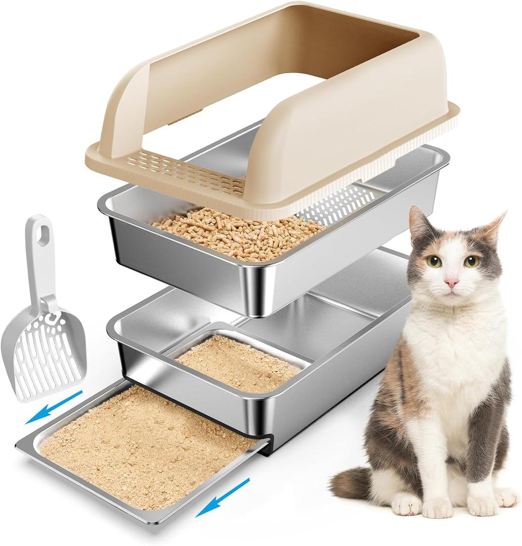 23.6"x16"x12" Stainless Steel Sifting Litter Box with Lid, XL Sifting Litter Box for Pine Pellets Less Tracking, High Sides Metal Litter Tray with Removable Drawer Pan, Anti-Leakage, Easy Cleaning