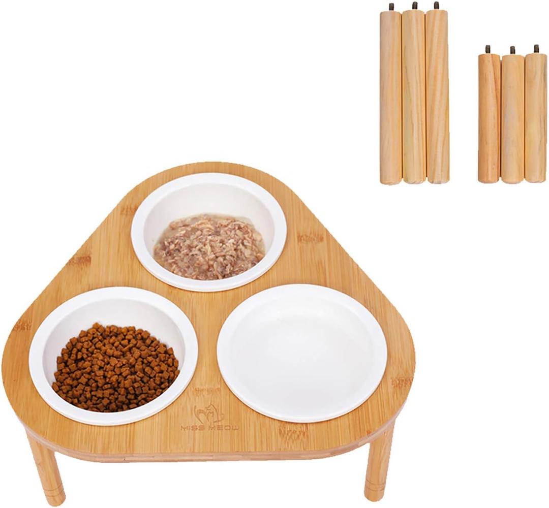 Raised Cat Feeder with Stand, Elevated Bamboo Stand with 3 Ceramic Bowls, Anti Slip and Removable Feet
