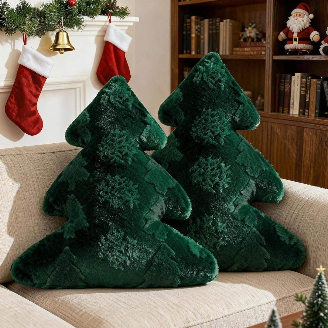 Lanpn Christmas Tree Pillows Set of 2, Snowflake & Tree Christmas Decoration Winter Soft Cute 3D Shaped Xmas Tree Throw Cushion for Sofa Bedroom Xmas Decor (18x16 inch, Green)