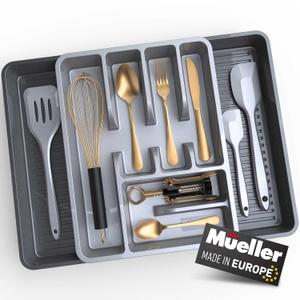 2 Pack Mueller Large Flatware Kitchen Drawer Organizer, Expandable 19.7" x 15" Silverware Organizer, 6 Compartments, Heavy-Duty, Cutlery Tray for Utensils or Stuff, Dining Room, Living Room, Grey (Gray)