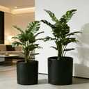 GreenShip Set of 2 Indoor Plant pots, Cylinder Planters with Drainage Hole and Planter Saucer, Jun Porcelain Clay & Recycled Resin, Decorate Home,Office & Outdoor,Black pots, 13.7in+11.8in