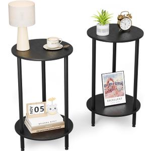 Round Side Table Set of 2, Black Round End Table with Storage, 2-Tier Modern Accent Table, Small Bedside Table for Living Room, Bedroom-Black