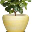 Ceramic Planter 10 Inch - Ceramic Pots for Plants Indoor Outdoor, Modern Plant Pots with Drainage Hole and Saucer, Round Decorative Planter, Bedroom Decor, Gardening Gifts, Textured Yellow