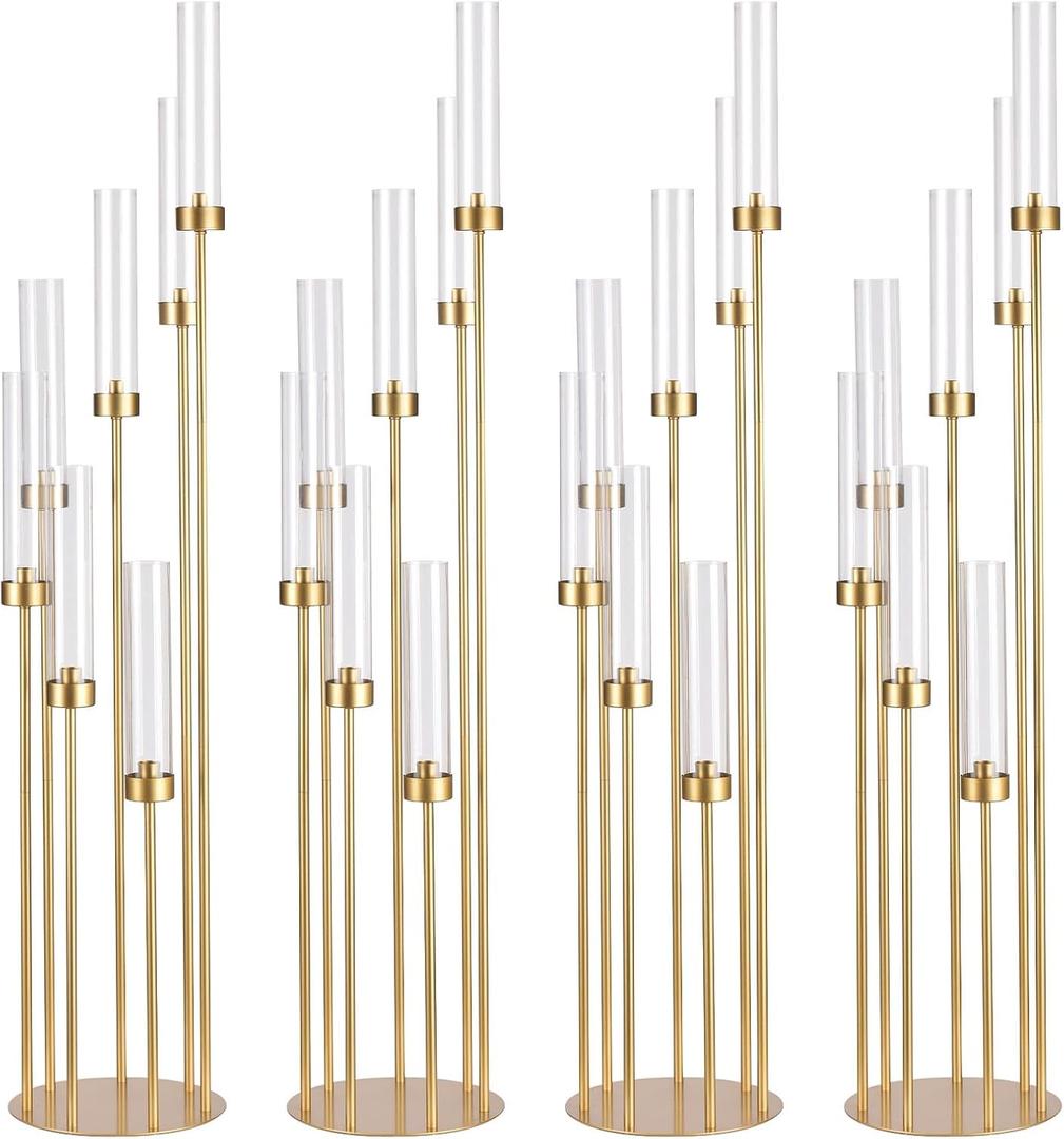 4Sets Floor Candelabra Tall 7 Arm Centerpieces for Wedding , 48" Tall Metal Candlestick Holders with Acrylic Lampshade for Home Party Decor Fit LED Taper Candles candelabros para centros de mesa (Gold)
