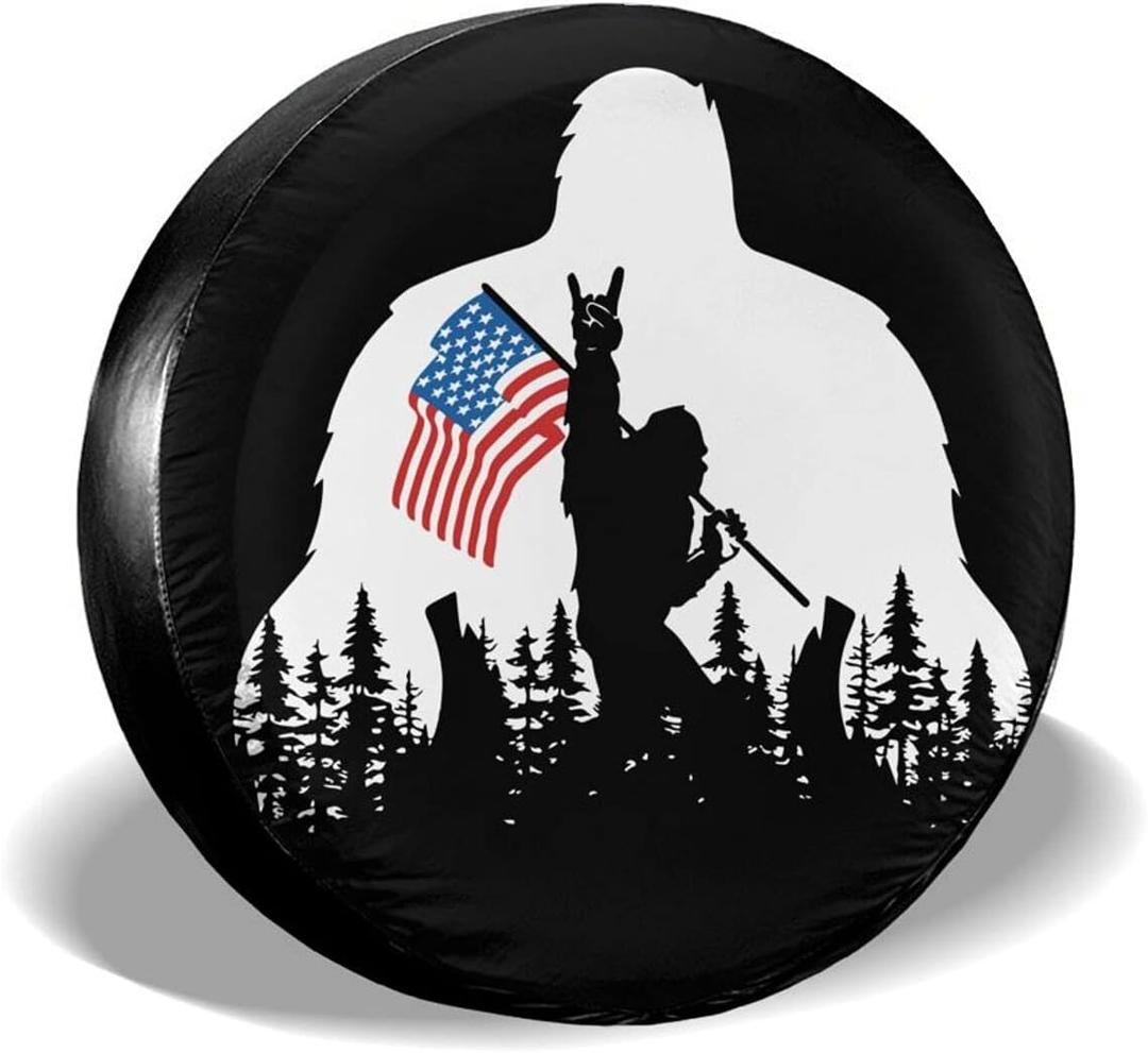 Bigfoot American Flag Camping Spare Tire Cover Wheel Protectors Weatherproof Wheel Covers Universal Fit for Trailer Rv SUV Truck Camper Travel Trailers Accessories 16"  (16" fits for tire Diameter 76-79cm/30-31.5in)