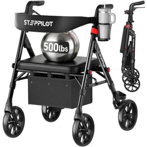 Bariatric Rollator Walker with Seat for Seniors, 500lb Capacity Aluminum Frame, Zero Wobble, 16lb Lightweight, 8" All Terrain Wheels, 10-Level Adjustable Handle/Seat, Cup Holder, Cane Clip