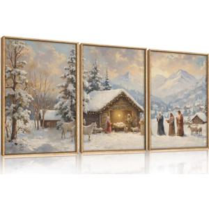 HOURIA Christian Christmas Nativity Framed Canvas Wall Art Set,Religious Mary Joseph & Jesus Christ Biblical Decor,Holy Family Star of Bethlehem Winter Artwork for Living Room,Church,Holiday-16"x24"x3
