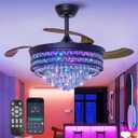 RGB Retractable Fandelier Ceiling Fans with Light and Remote/App, 42" Modern Crystal LED Chandelier Fan, Bladeless Lighting & Ceiling Fans Bedroom, Kitchen | Ventilador de Techo Con Luz, Black