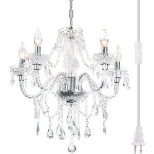 PAPAYA Plug-in 5 Light Crystal Hanging Pendant Lights Acrylic Chandelier with Clear Cord & On/Off Switch H19 D19.7 for Kitchen Island Girls' Room Dining Area Laundry Pavilion.