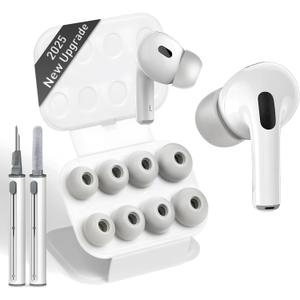 Memory Foam Ear Tips for AirPods Pro 1st & 2nd Gen, No Silicone Eartips Pain, Better Noise Cancellation, Replacement Buds with 3 in 1 Cleaner Kit and Fit in Charging Case-(White, XS/S/M/L)
