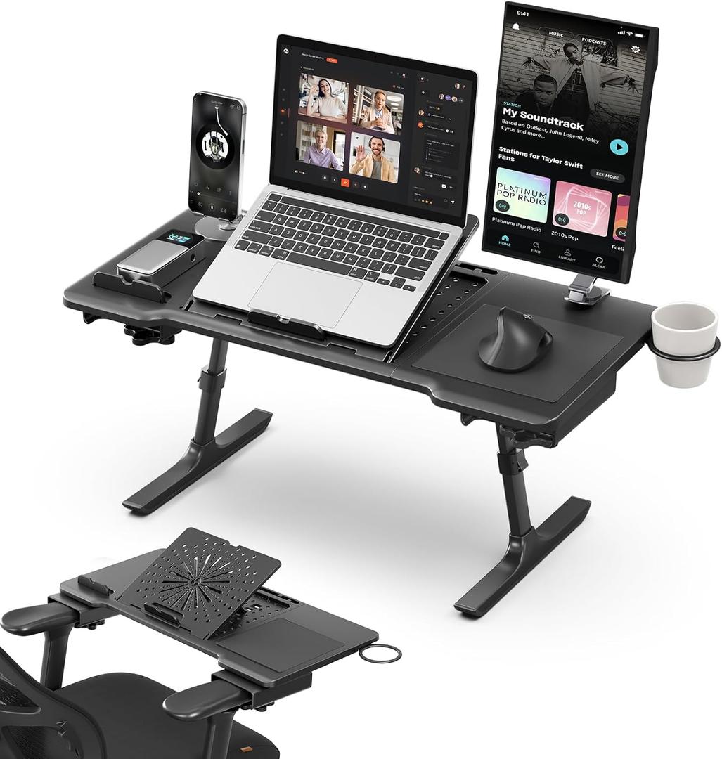 Newtral Laptop Bed Tray Desk, Height & Angle Adjustable Foldable Laptop Stand w/Cup Holder, Mousepad, Laptop Table Bookstand for Gaming, Working, Sofa & Office Chairs Use (Black, Upgrade)