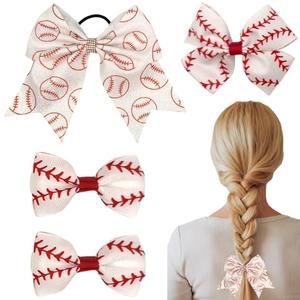 4 Pcs Baseball Hair Bow Red Stitch Hair Clip Bow Baseball Ponytail Holders with Elastic Hair Ties Ball Cheer Hair Barrettes Accessories for Women Birthday Ball Game Supplies