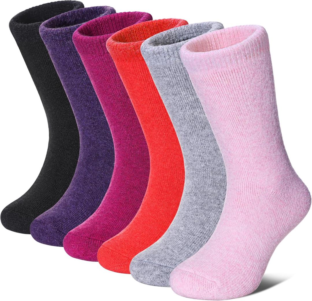 FNOVCO Kids Merino Wool Hiking Socks Toddlers Boys Girls Cozy Thermal Winter Thick Warm Crew Socks 6 Pairs (8-12 Years, Solid Color)