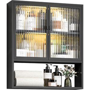 Bathroom Wall Cabinet,Metal Medicine Cabinet with Glass Doors,Wall Mounted Cabinet Over The Toilet,Black Small Cupboard