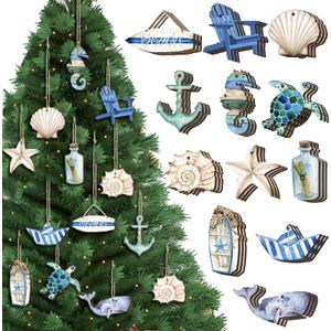 Maitys 36 Pcs Beach Christmas Wooden Ornaments Ocean Xmas Tree Decorations Coastal Nautical Seaside Wood Cutouts Navigation Hanging Ornaments Xmas Decorations for Home Tree Small Crafts(Beach Sea)