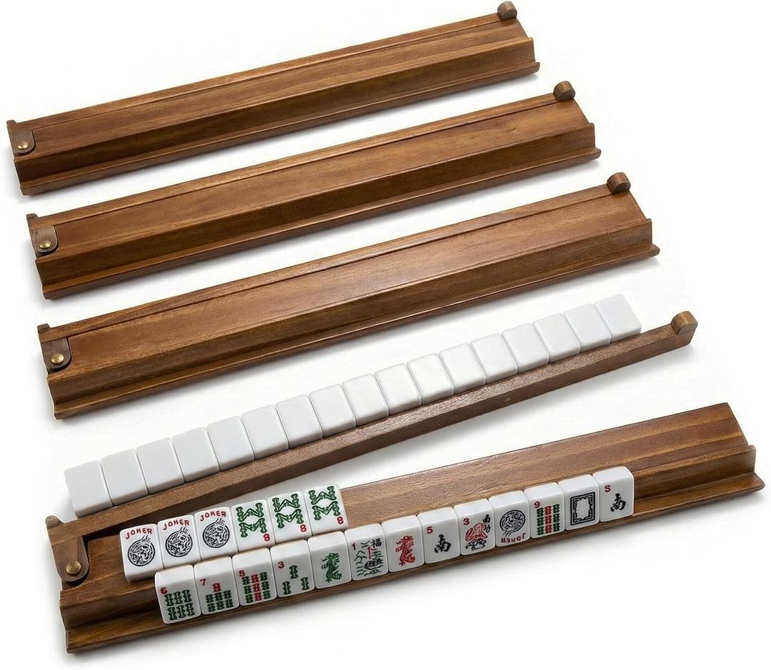 Wooden Mahjong Racks with Pushers Set of 4  Premium Mahjong Tile Racks and Mahjong Pushers Combo, Essential Mahjong Accessories for American Mah Jongg/Dominoes - 17.5 Inches (Burnt Color)