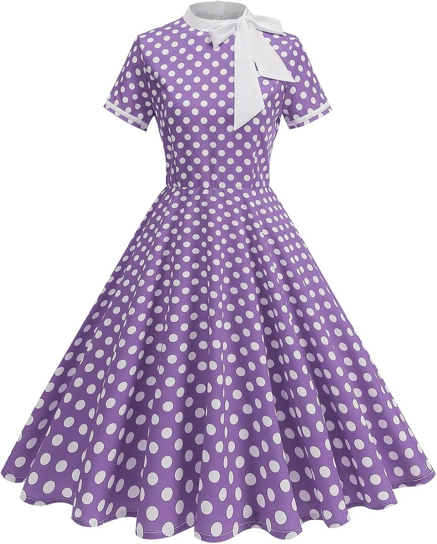 50s Style Dresses for Women Vintage Short Sleeve Tie Neck Polka Dot 1950s Housewife Dresses for Womens Swing 50s Audrey Hepburn Church Cocktail Dress Retro Tea Party Dress Up Purple XL