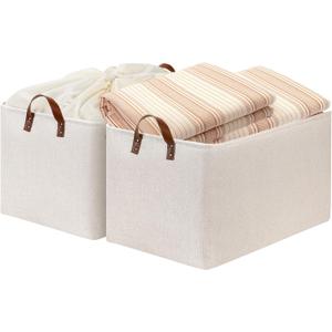 DULLEMELO Beige Storage Baskets for Organizing, Set of 2 Extra Large Canvas Fabric Storage Baskets with Handles, Foldable Storage Bins Baskets for Blankets Living Room (Upgrated/2P-22"x15"x13")