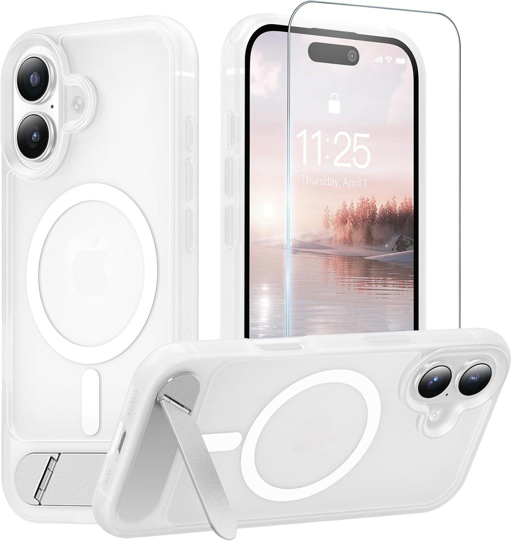 Magnetic for iPhone 16 Case with Stand Clear Matte | (Screen Protector)(Compatible with MagSafe)(Military Grade Shockproof) Translucent Drop Protection Matte Slim Phone Case,6.1"