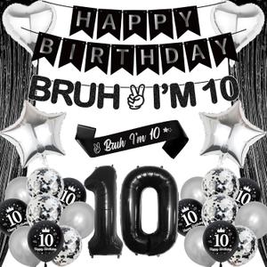 10th Birthday Decorations Balloons Boys - 28 Pcs Black Glitter Bruh I'M 10 Banner Garland Sash Foil Fringe Curtain Star Heart Number Balloons Decor For Teen 10 Year Old Bday Party Supplies