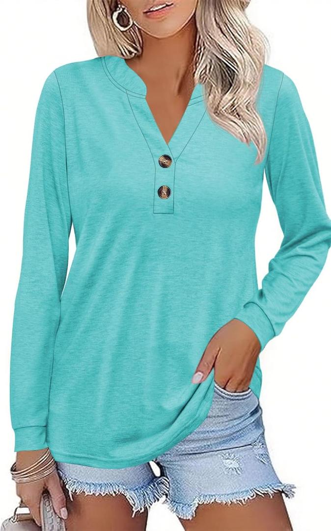 Women Button Down Henley Shirts V Neck Long Sleeve Fashion Dressy Casual Tops Trendy Blouses Loose Fit Tunic (Blue, XL)
