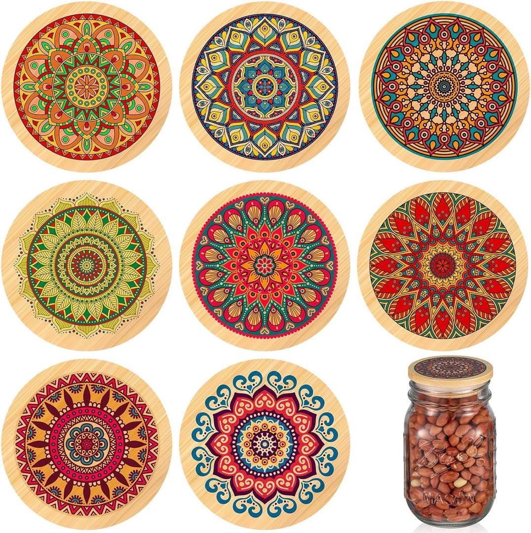 Beeveer 8 Pcs Mason Jar Lids for Regular Mouth Bamboo Mandala Decorative Storage Yogurt Jar Lids 2.76 Inch with Airtight Silicone Sealing Rings Reusable for Round Canning