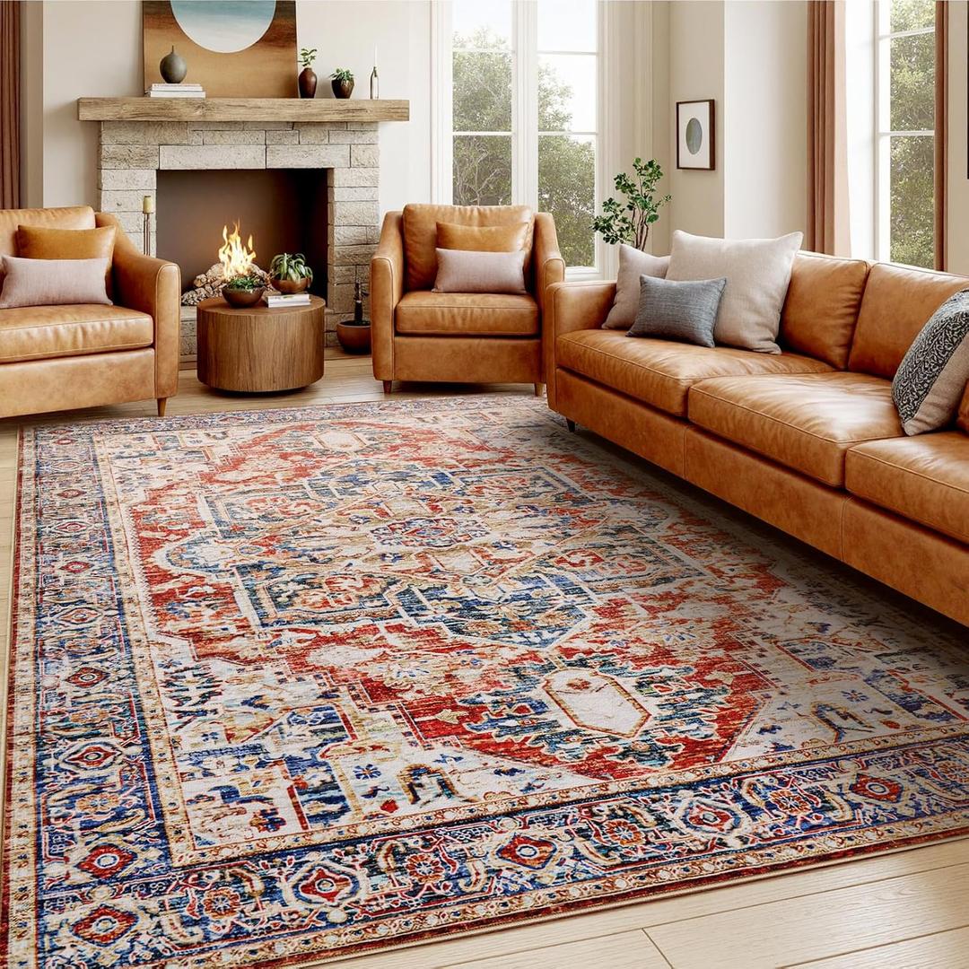 AMADA HOMEFURNISHING 9x12 Washable Area Rug, Low-Profile Large Area Rug with Non-Slip Backing & Durable Edge Binding, Vintage Large Rugs for Living Room, Bedroom & Dinning Room
