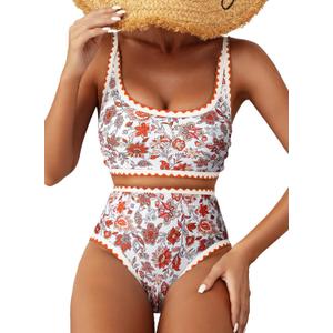 Herseas Women's Bikini Sets Floral Print Whip Stitch 2 Piece Swimsuits High Waisted Scoop Bathing Suits, Large